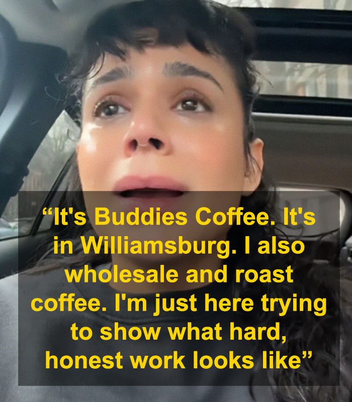 Close-up of a woman with text overlay about Buddies Coffee in Williamsburg. Close-up of a woman with text overlay about Buddies Coffee in Williamsburg.