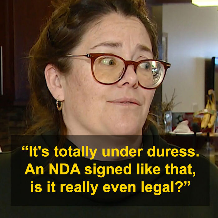 Woman discussing legal concerns at Cancun resort, text questioning NDA legality and duress.