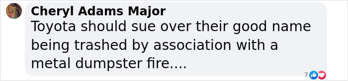 Comment criticizing Tesla and suggesting Toyota should sue over association with a negative image.