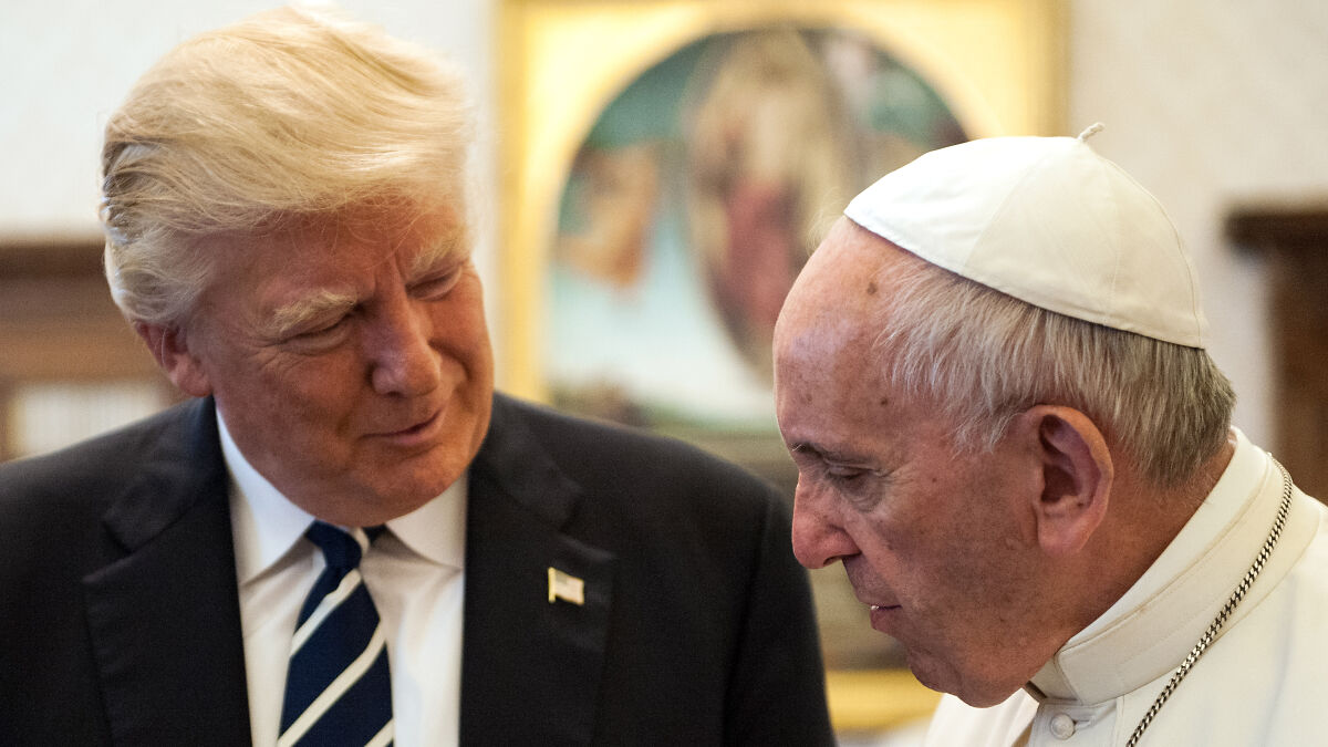 Donald Trump engaging with Pope Francis during a formal meeting, highlighting notable public figures together.