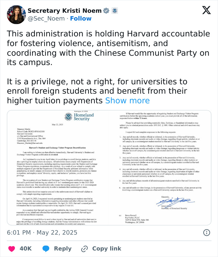 Tweet by Secretary Kristi Noem discussing the administration’s actions targeting international students at Harvard University.