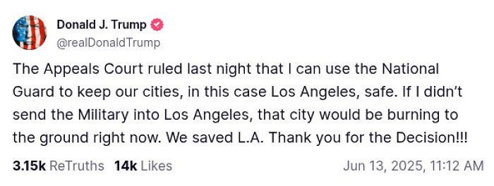 Donald Trump tweets about Appeals Court halting judge’s ruling on National Guard control in California to keep Los Angeles safe.