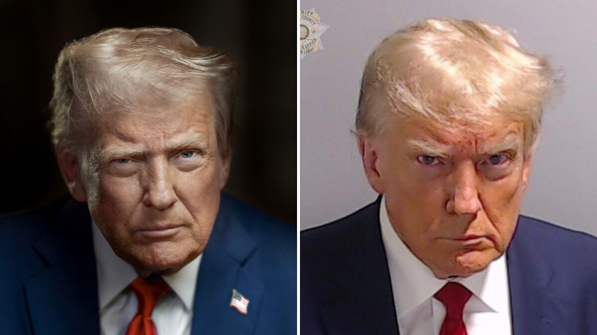 Portrait of Donald Trump with serious expression in new White House display alongside mugshot photo comparison.