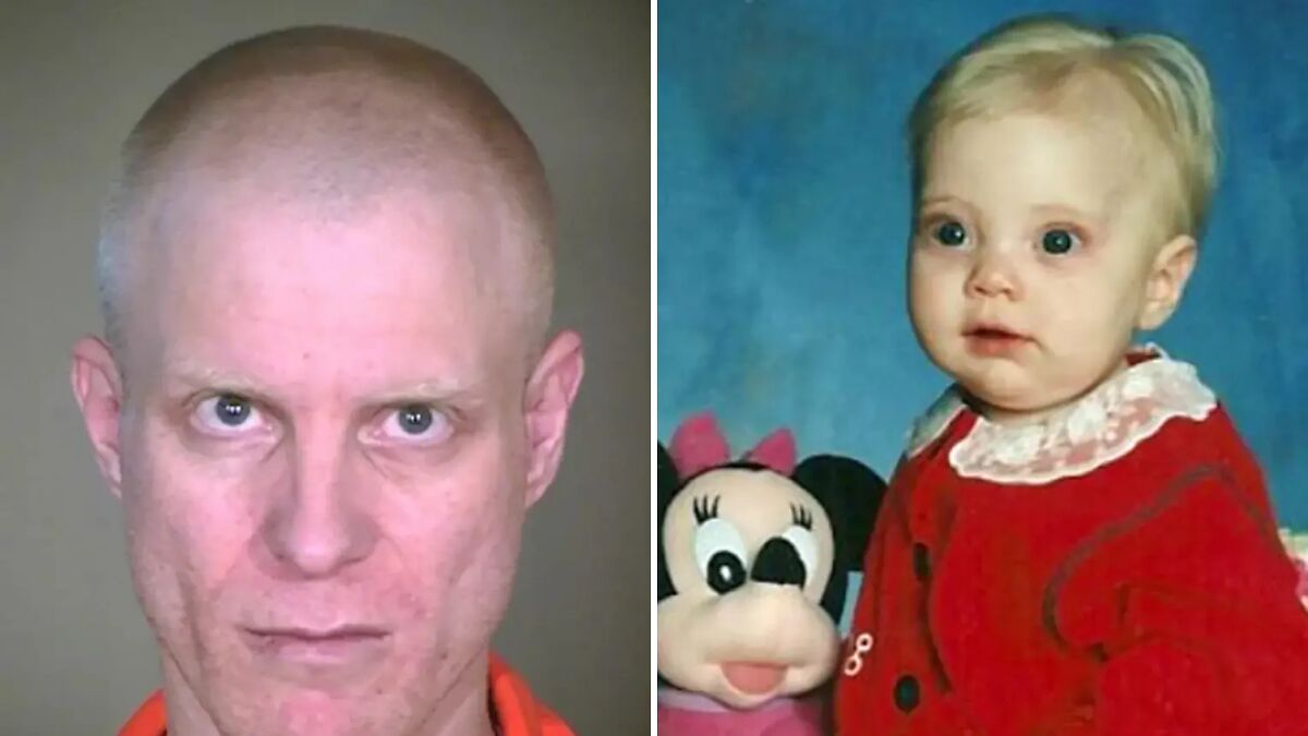Mugshot of killer dad who set his 2-year-old child on fire alongside photo of the young child with a stuffed toy.