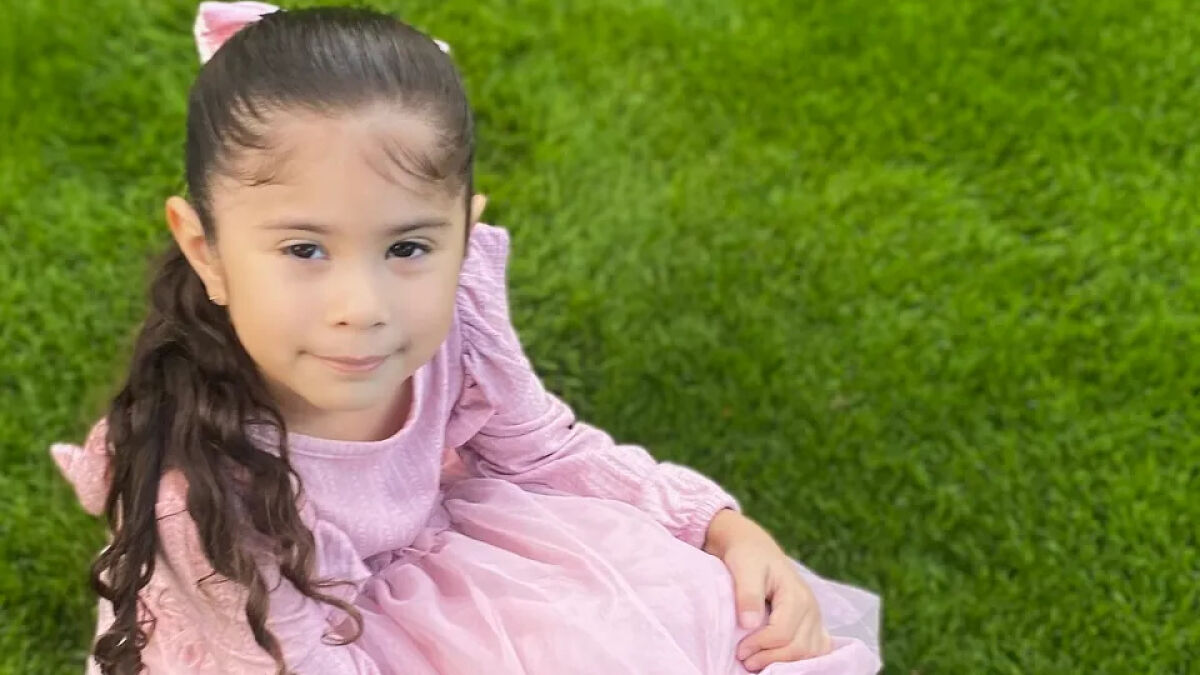 Young girl in a pink dress sitting on grass, related to tragic incident involving brother and dadu2019s rifle at home.
