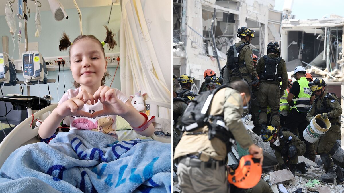 Seven-year-old girl in hospital bed receiving cancer treatment after fleeing Ukraine, with rescue workers at missile strike damage site.