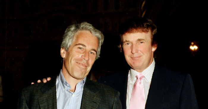 Jeffrey Epstein and Donald Trump posing together at a nighttime event, related to Epstein audio and Lolita Express allegations.