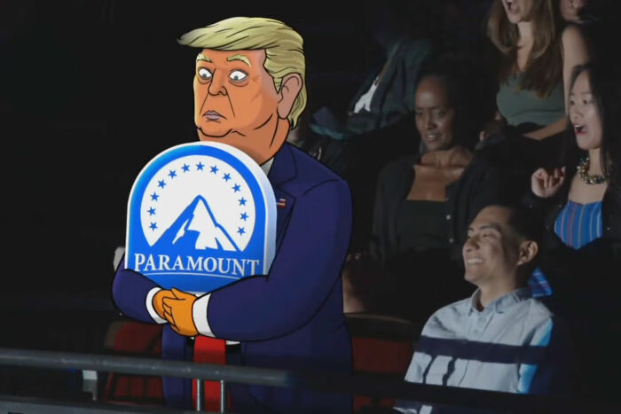 Cartoon of Trump holding a Paramount shield in a theater audience, reflecting his quest to sue slash and silence critics.