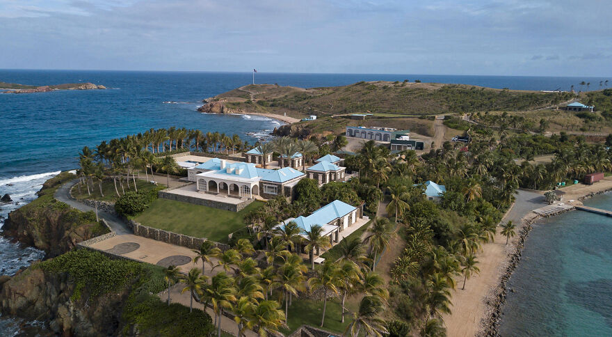 Aerial view of a large island estate surrounded by ocean, relevant to Epstein files and Republican blocking release discussions.