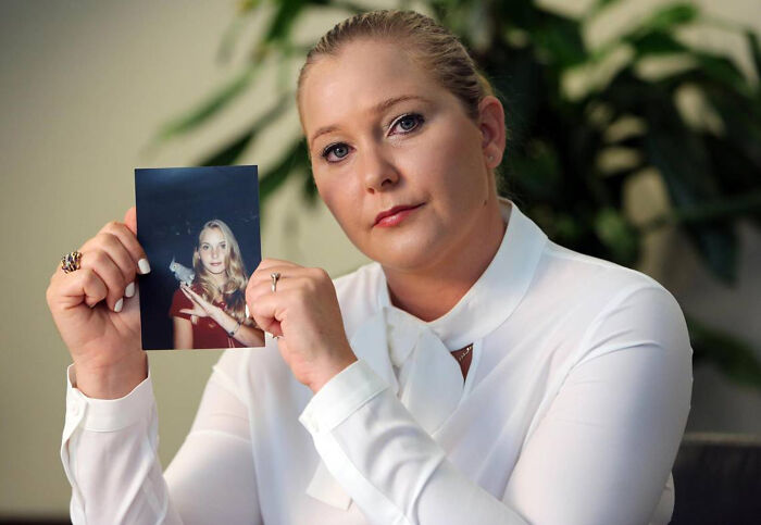 Virginia Giuffre holding a photo of herself, discussing Epstein and Trump allegations related to Mar-A-Lago.