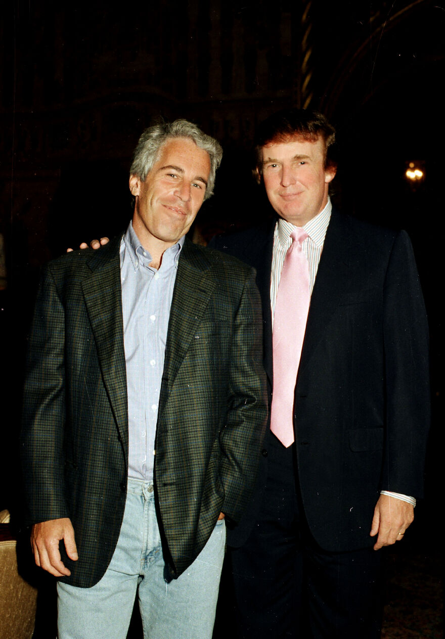 Jeffrey Epstein and Donald Trump posing together at an event, related to Epstein files and Republican release block.
