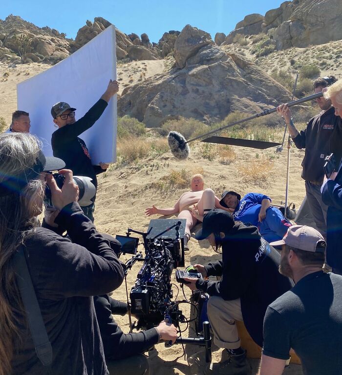South Park on-set photo showing a film crew shooting Donald Trump’s tiny manhood scene outdoors in a rocky desert location.