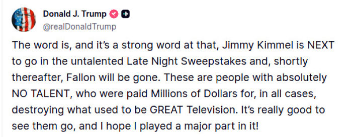 Screenshot of Donald Trump’s tweet targeting late night TV hosts Jimmy Kimmel and Fallon, criticizing their talent and future.