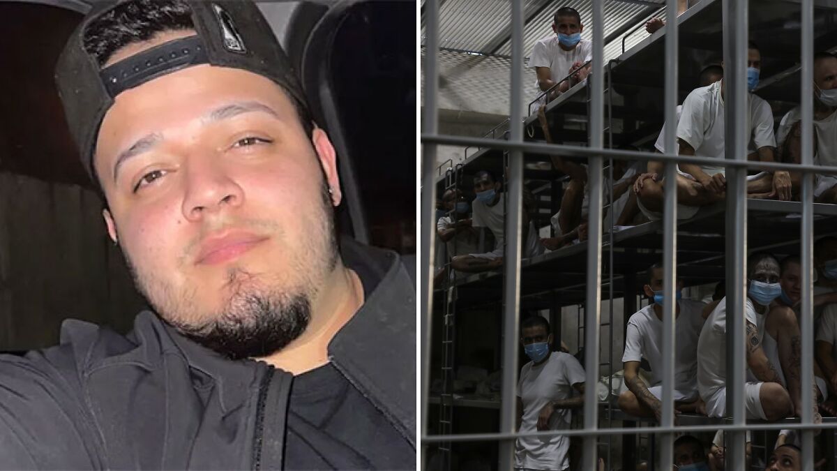 Kilmar Abrego Garcia in a casual cap beside image of inmates behind bars in an El Salvador jail setting