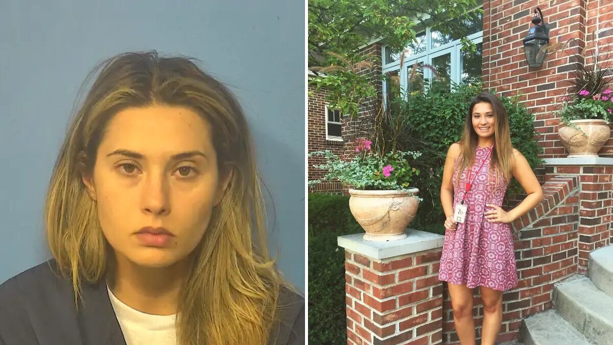 Split image showing a disgraced teacher's mugshot and a photo of her standing outside a brick building in a patterned dress.