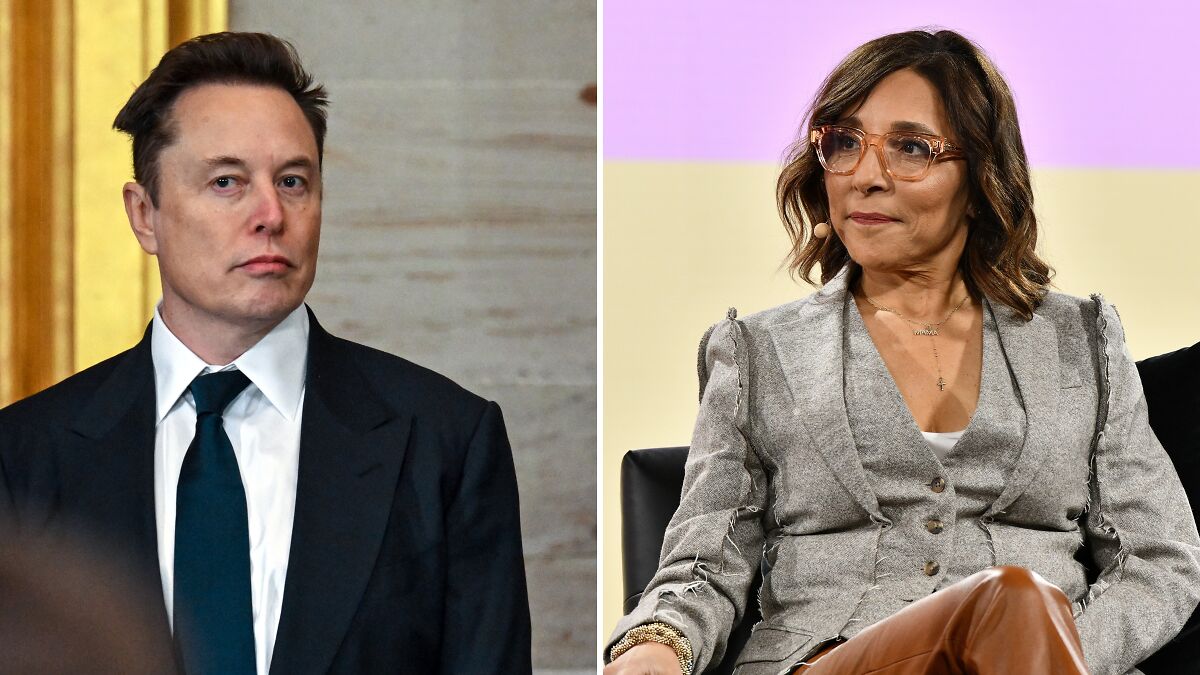 Elon Musk in suit and X boss Linda Yaccarino in glasses and gray blazer, highlighting resignation after offensive tweet flurry.