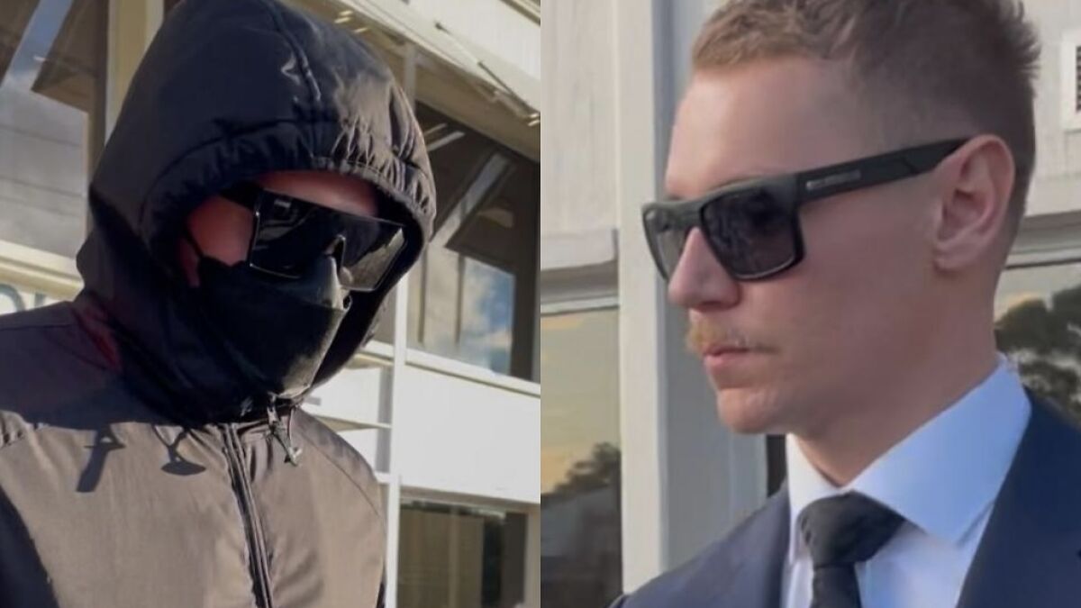 Two men wearing sunglasses outdoors, one in a hood and mask, relating to officeru2019s disturbing remark after brutal attack.