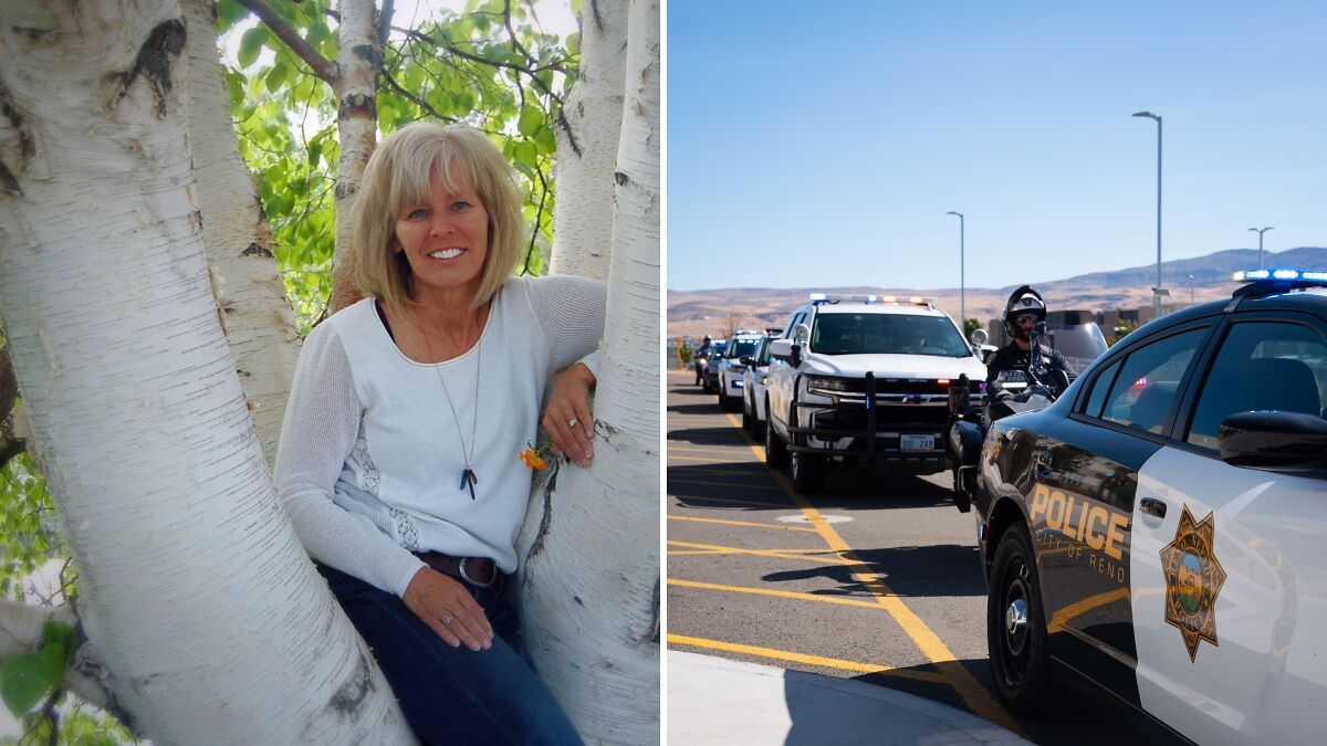Woman sitting on tree branch smiling on left, police cars with flashing lights lined up on right, Nevada teacher abuse case context.