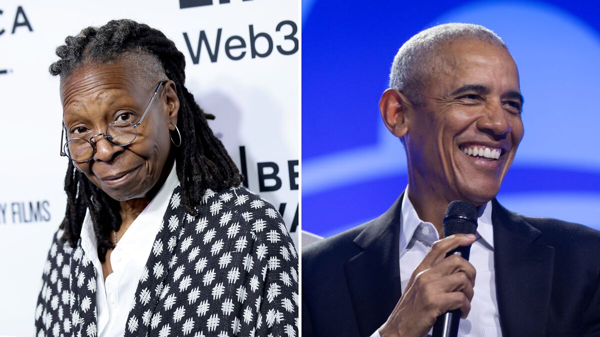 Whoopi Goldberg wearing glasses and patterned jacket beside Barack Obama smiling with microphone at event
