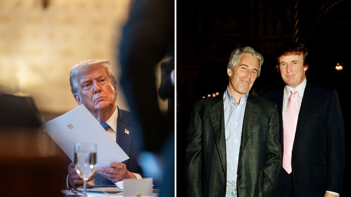 Donald Trump reviewing documents seriously, alongside a historic photo with Jeffrey Epstein, reflecting Epstein files controversy.