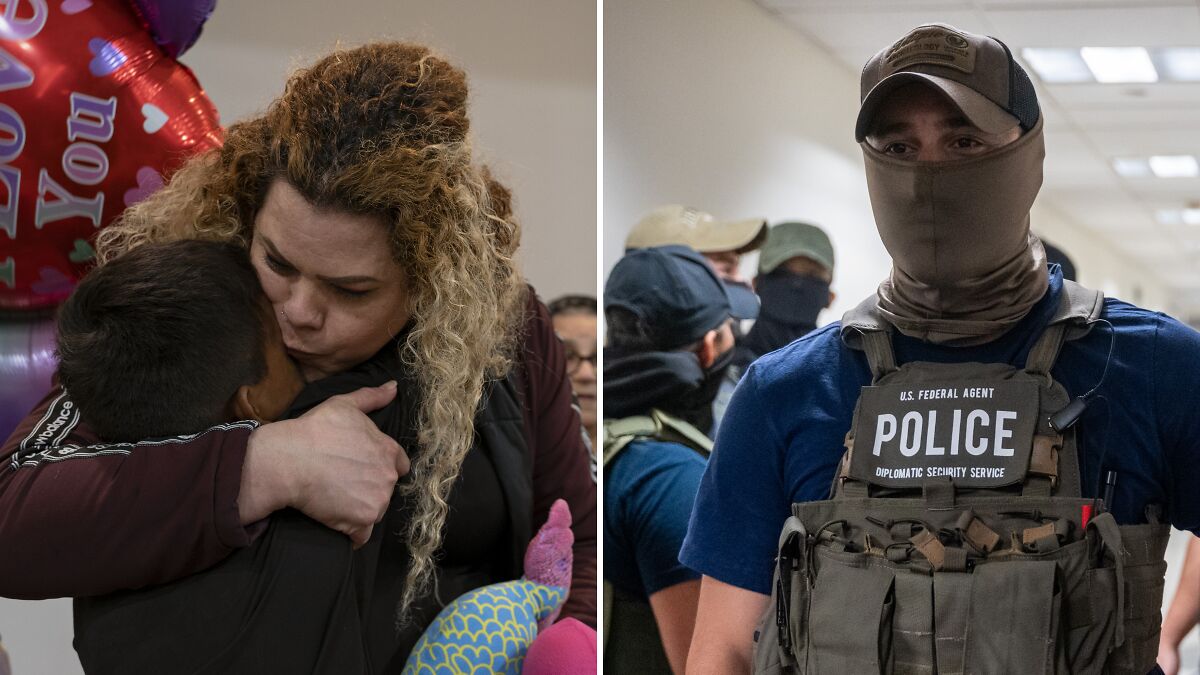 Immigrant family embracing amid fear of separation beside masked U.S. federal agent enforcing immigration policies.