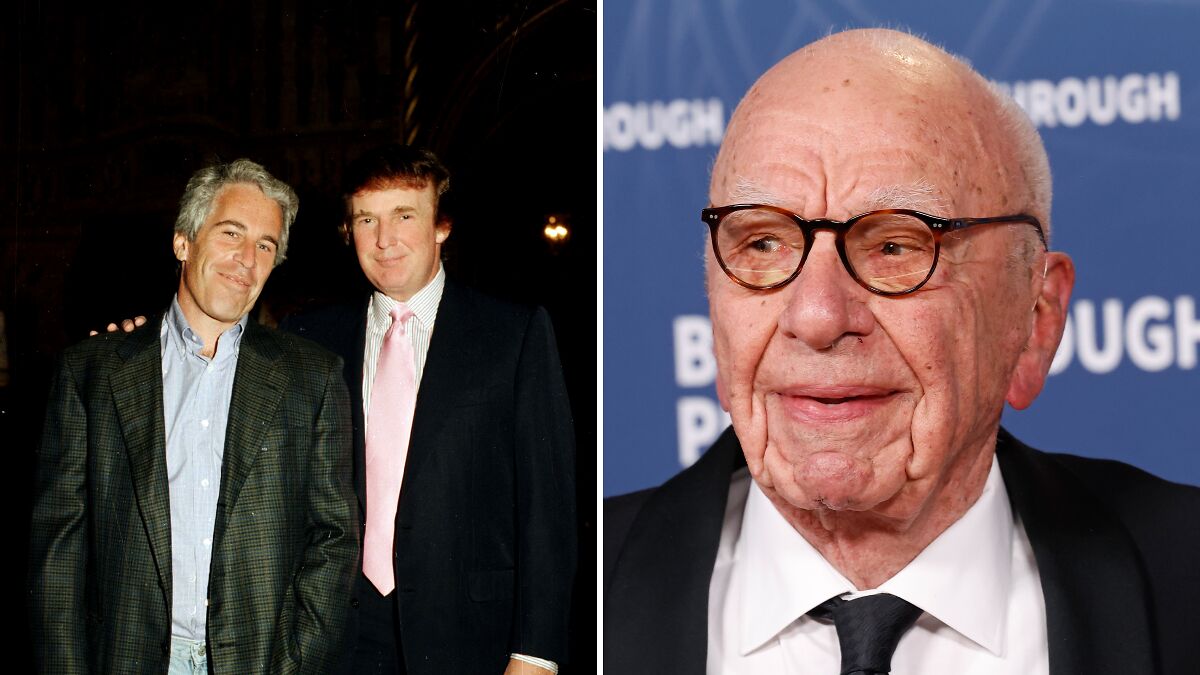 Jeffrey Epstein with Donald Trump in a vintage photo, alongside a close-up of Rupert Murdoch at an event.