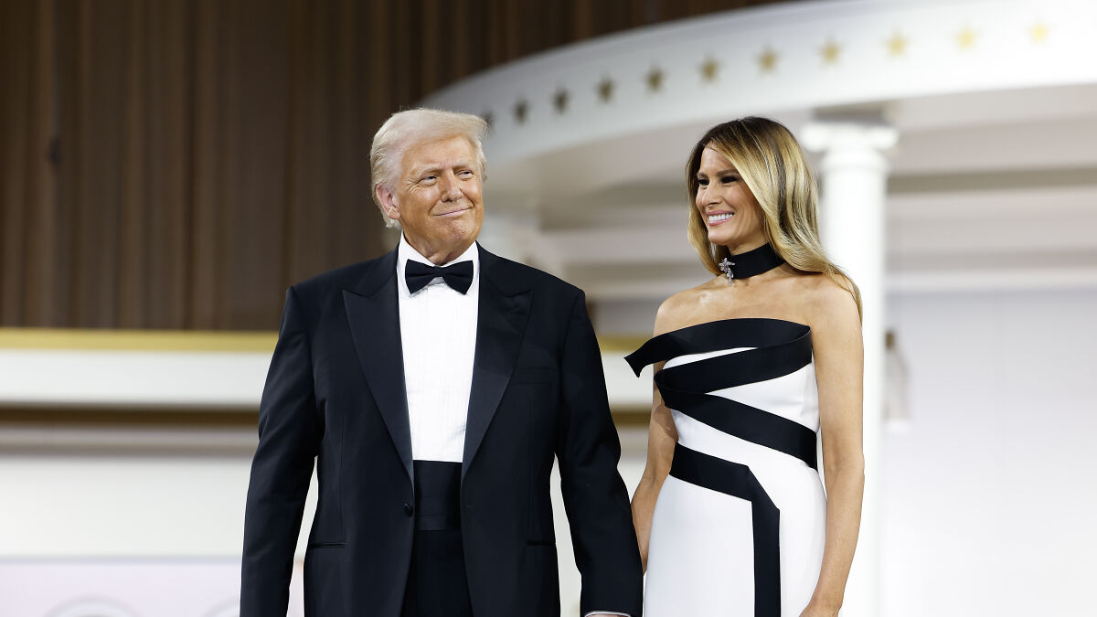 Donald Trump and Melania Trump dressed formally at an event related to Kennedy Center Opera House renaming debate.