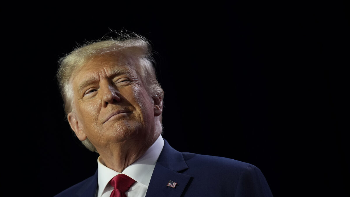 Donald Trump in a dark setting, wearing a suit and red tie, with a serious expression highlighting old accusations and Epstein context.