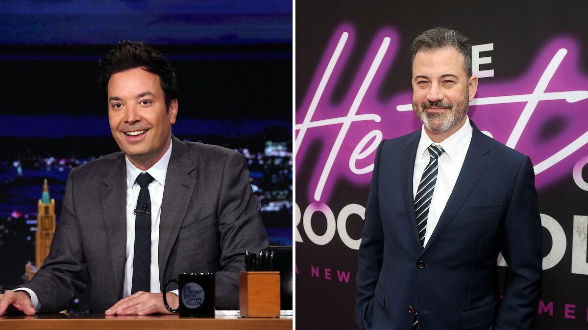 Jimmy Fallon and Jimmy Kimmel dressed formally, representing late night TV hosts amid Donald Trump controversy.