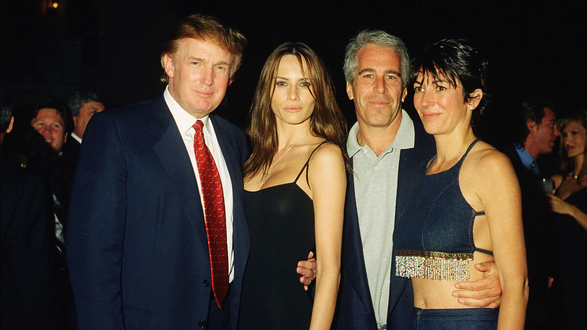 Donald Trump and Jeffrey Epstein posing together with two women at a social event related to Epstein files reports.