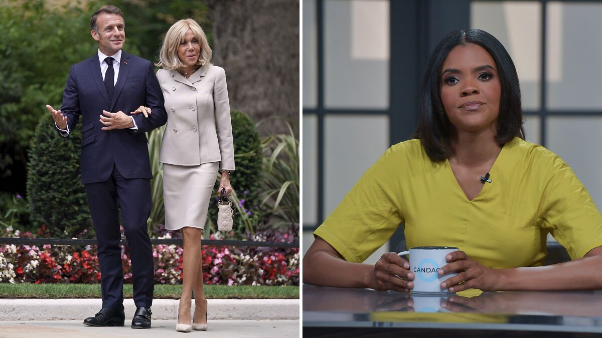 Emmanuel and Brigitte Macron walking outdoors in formal attire alongside Candace Owens seated indoors holding a mug.