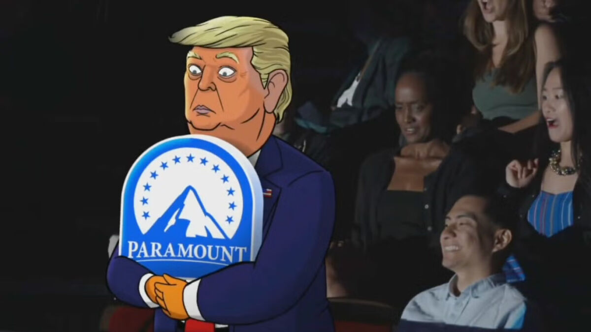 Animated Trump character in a suit clinging to a Paramount logo while an audience laughs in a dark theater setting.