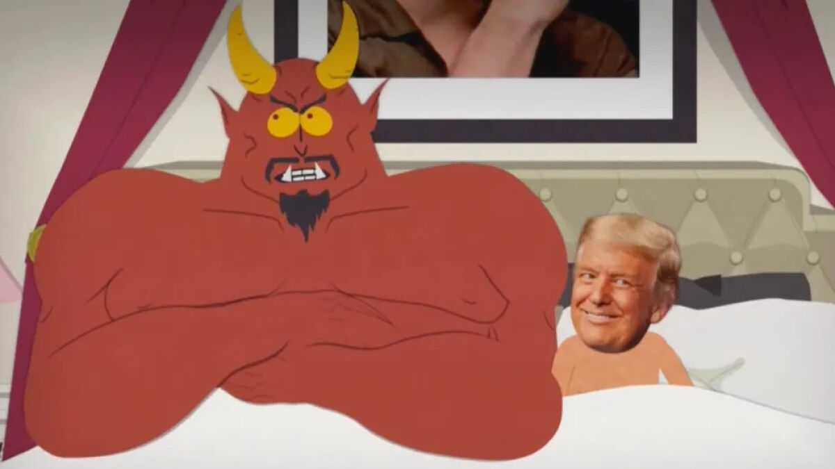South Park cartoon scene mocking Trump and Paramount in a satirical animated show episode.