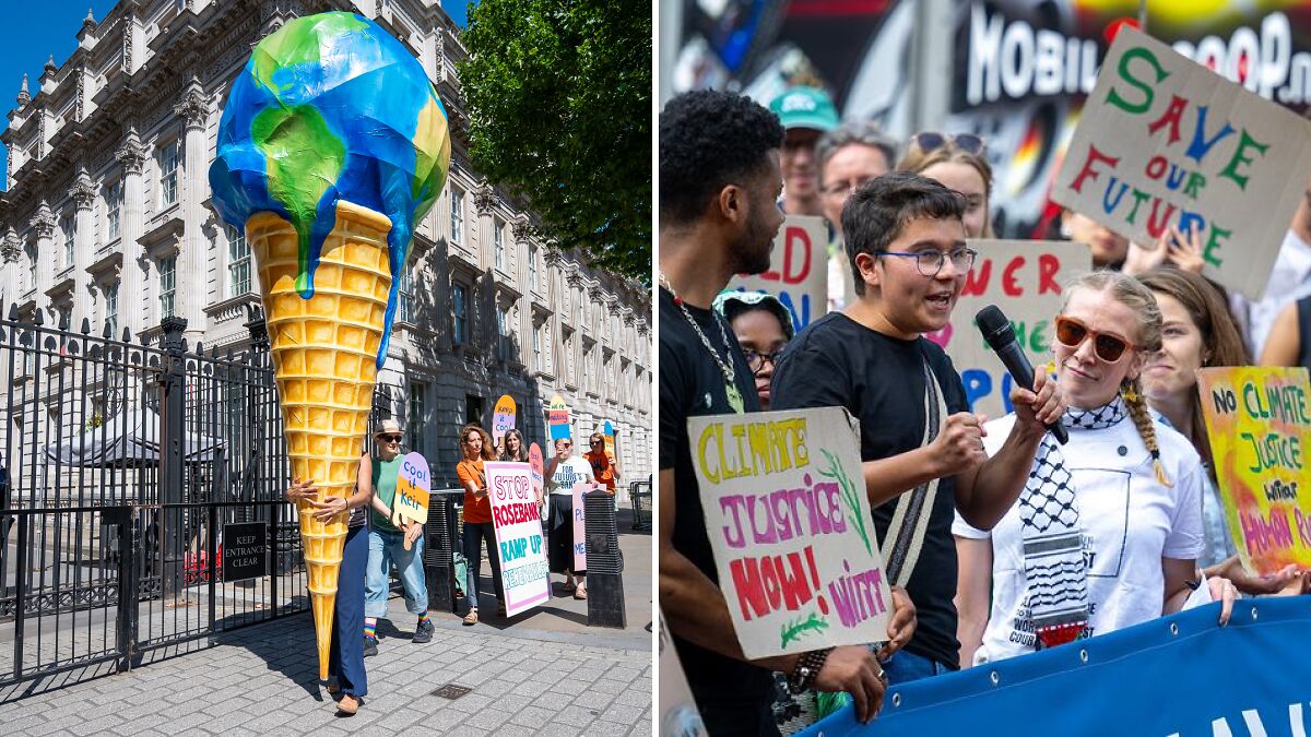 Protesters holding climate justice signs and a melting earth ice cream cone at a climate change rally outdoors.