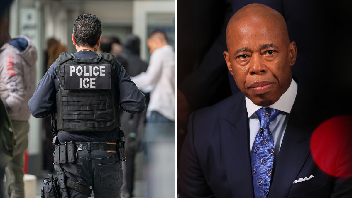 ICE police officer in tactical gear on patrol and New York City official in suit addressing immigration sanctuary laws.