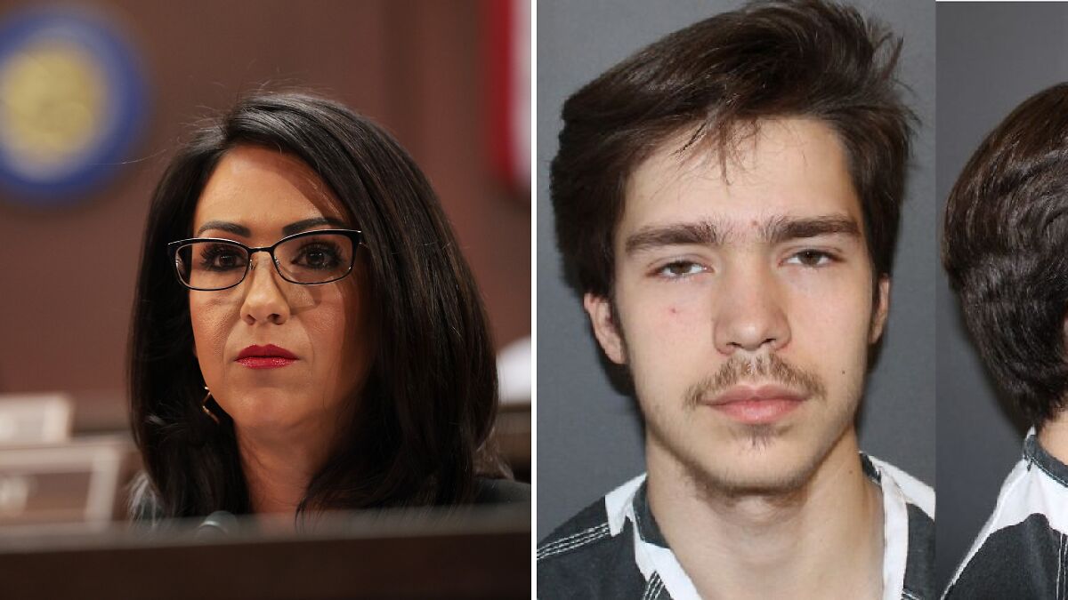 Congresswoman Lauren Boebert speaking in a hearing, next to an image of her son Tyler in a mugshot.