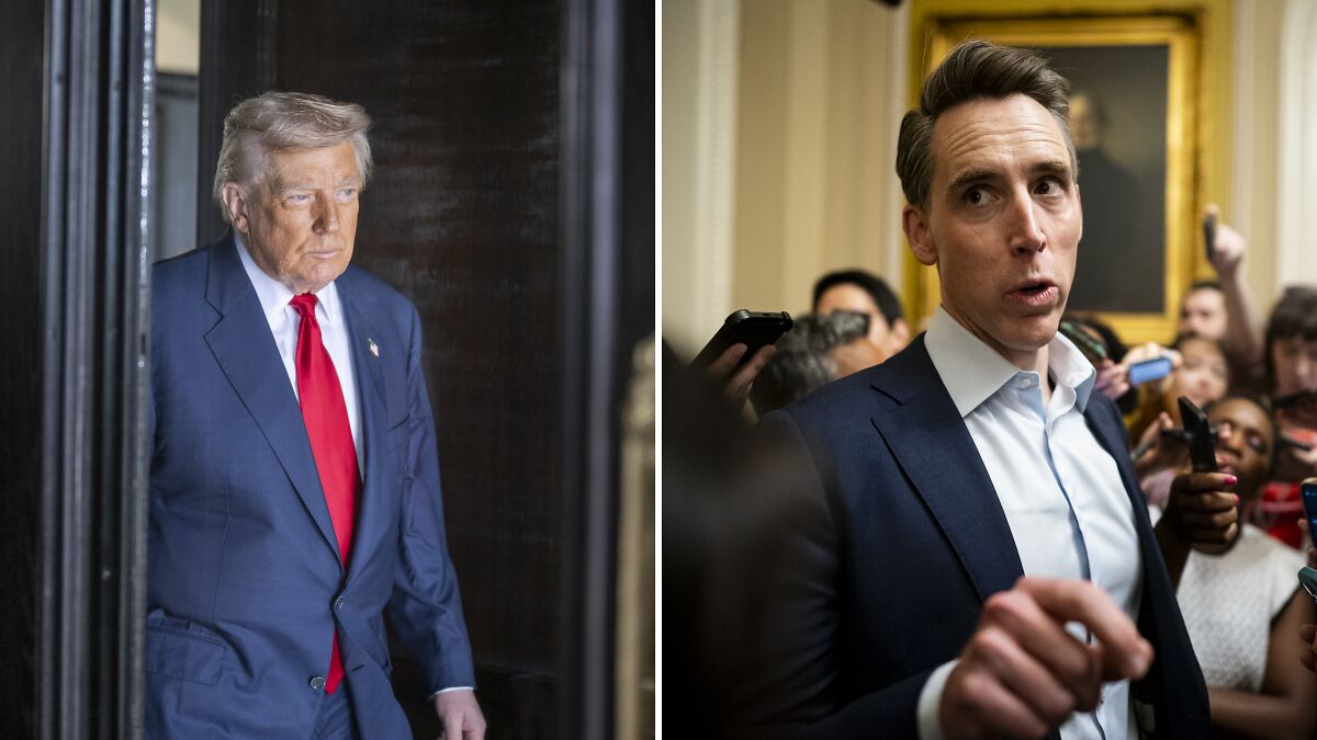 Donald Trump in a blue suit and red tie contrasted with GOP Senator Josh Hawley speaking to reporters about stock trading ban.
