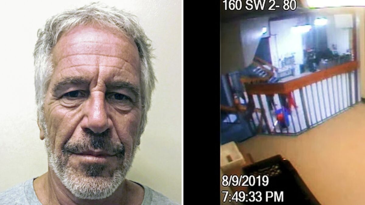 Jeffrey Epsteinu2019s jail cell with a blurry image showing an orange figure in the hallway captured by security camera.