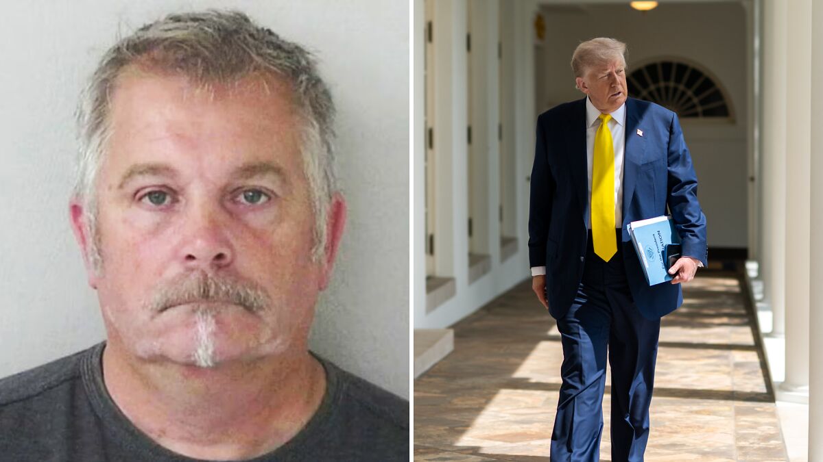 MAGA voter charged with possessing child porn paired with image of Trump walking in suit and yellow tie in corridor.