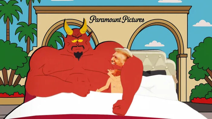 South Park cartoon scene mocking Trump and Paramount with a demon character in bed under Paramount Pictures arch.