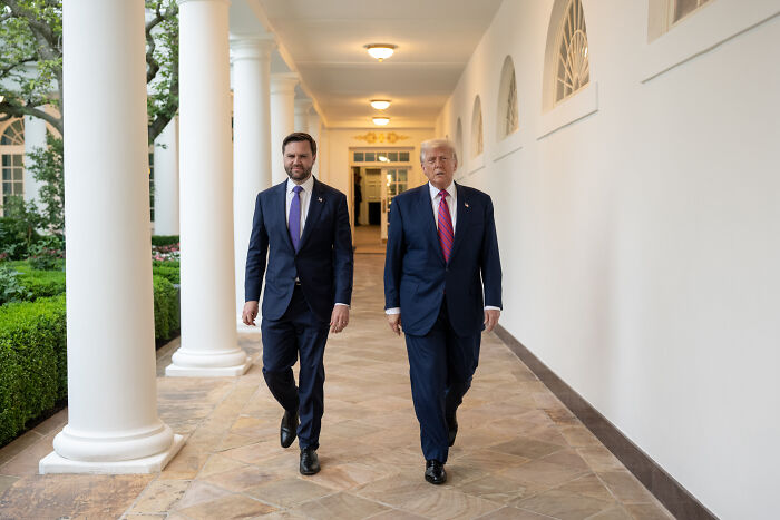 Gavin Newsom and JD Vance walking in a corridor, highlighting viral urinal photo and scarf troll incident.