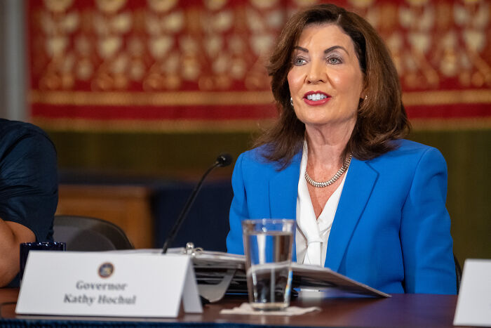 New York Governor Kathy Hochul speaking at a press event, addressing map overhaul after Texas GOP redistricting push.