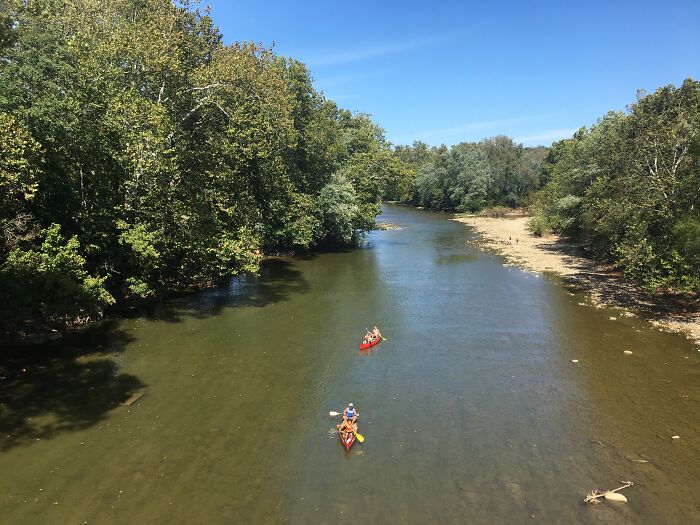 Two canoes with people paddling on a calm river surrounded by green trees and clear blue sky.