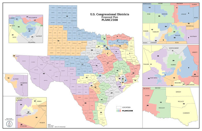 Map showing proposed U.S. Congressional districts in Texas amid GOP redistricting and New York governor’s vow for map overhaul
