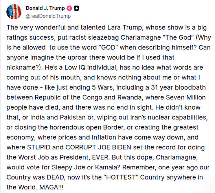 Screenshot of Donald J. Trump’s tweet slamming Charlamagne Tha God as racist sleazebag after Epstein Files comment.