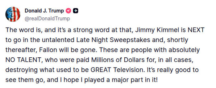 Screenshot of Donald J. Trump tweet criticizing Jimmy Kimmel’s talent amid reports of new citizenship and celebrity departures from the U.S.