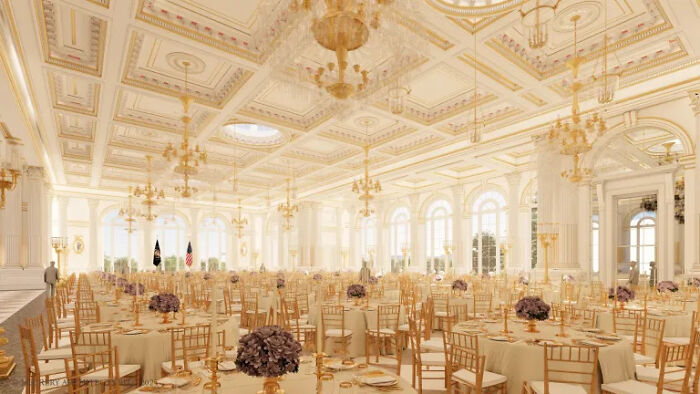 Elegant and ornate White House dining room set for an event, highlighting the luxurious Oval Office style and decor. Elegant and ornate White House dining room set for an event, highlighting the luxurious Oval Office style and decor.