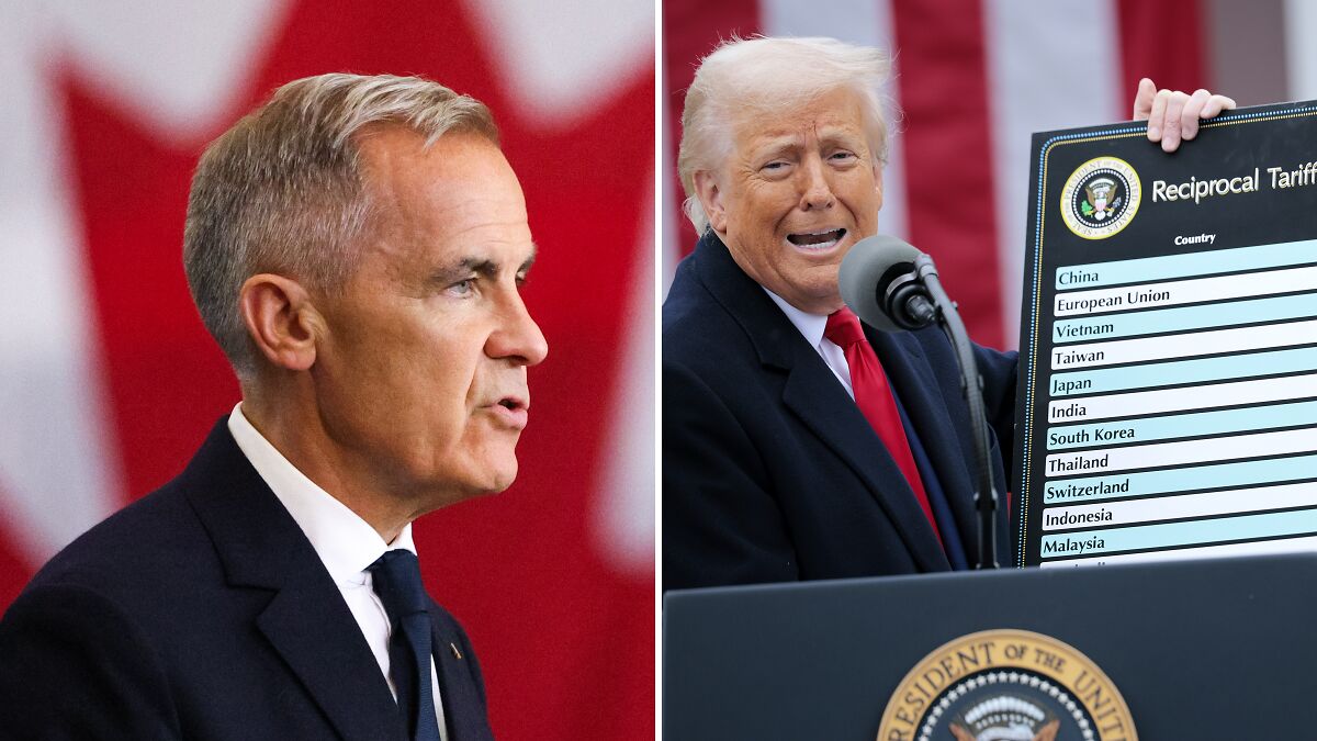 Canadian official speaking with a serious expression beside Donald Trump holding a reciprocal tariffs chart at a podium.