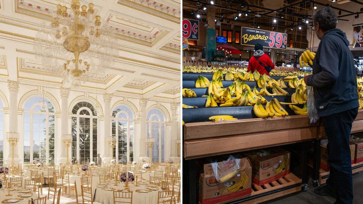 Luxurious White House ballroom with chandeliers contrasts with shoppers selecting bananas at a discounted price in grocery store.