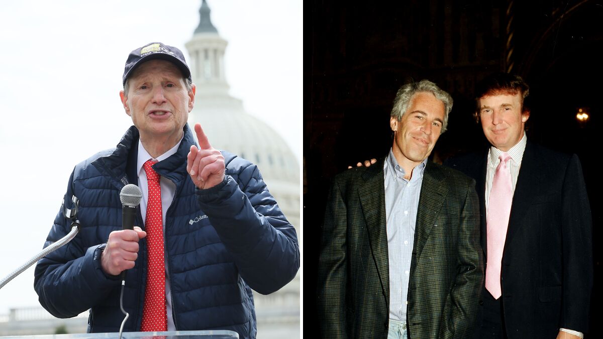 Senator speaking at a podium near Capitol with a historic photo of Jeffrey Epstein and Donald Trump in formal attire.